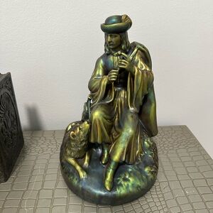 Vintage Zsolnay Eosin Green Iridescent Shepherd Playing The Pipe Wolf Figurine